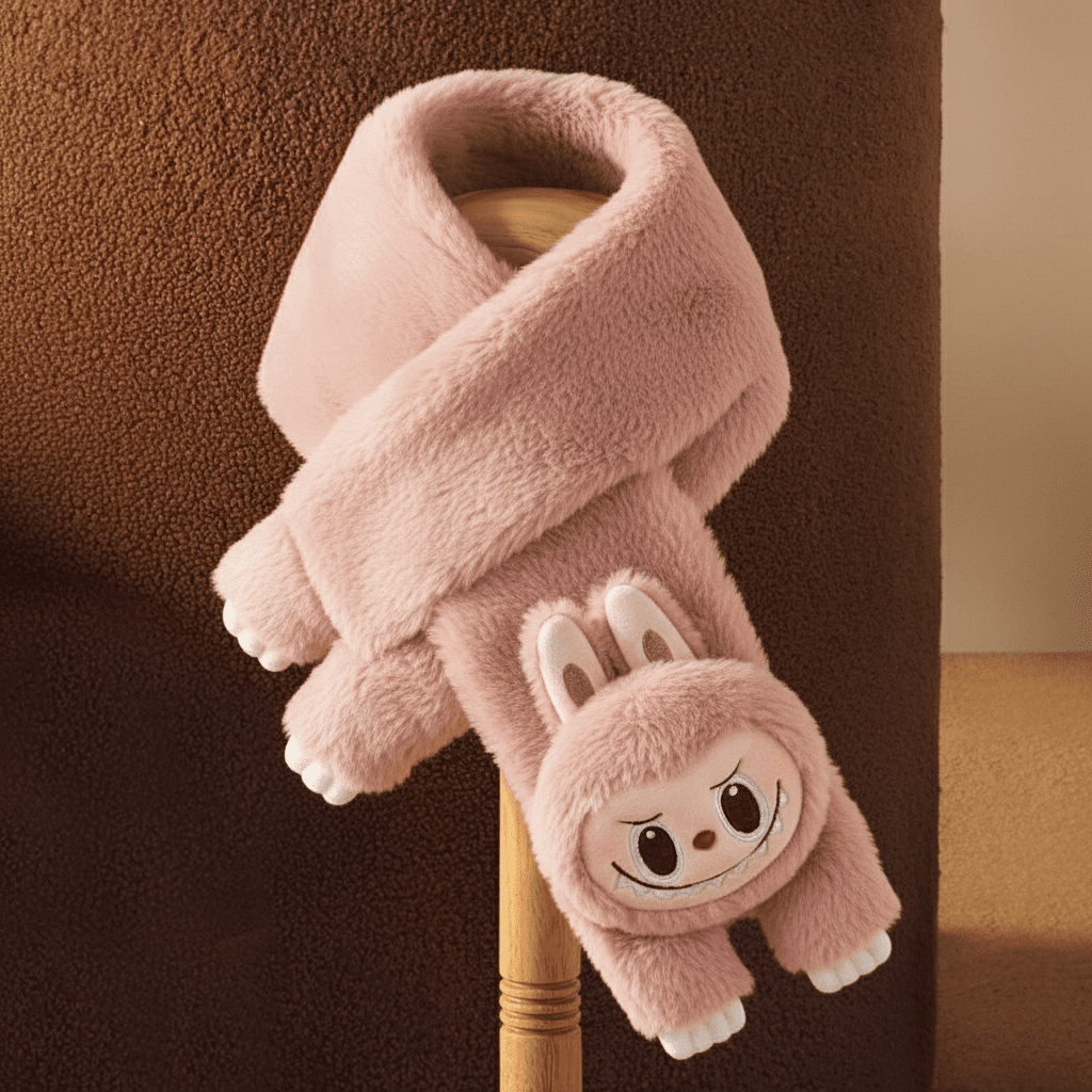 LABUBU Plush Scarf Pink - Warm Fluffy Holiday Series - Image 2